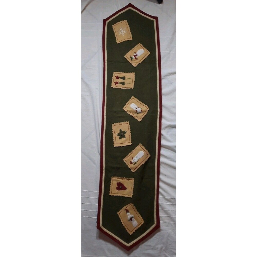 Vtg 52" Wool/Cotton Christmas Table Runner Snowmen~ Heart~ Star~ Snow